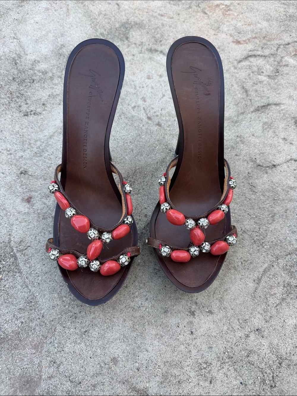 Giuseppe Zanotti Black Stiletto Sandal with Red Bead Embellishments